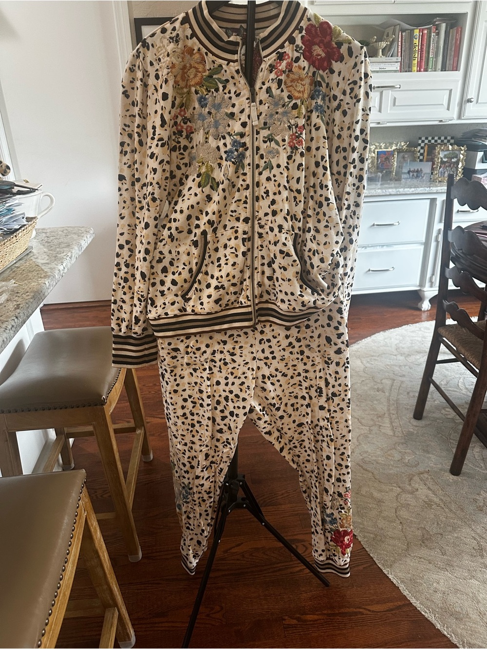 Johnny Was Cream Leopard-Print Embroidered Track Jacket and Joggers